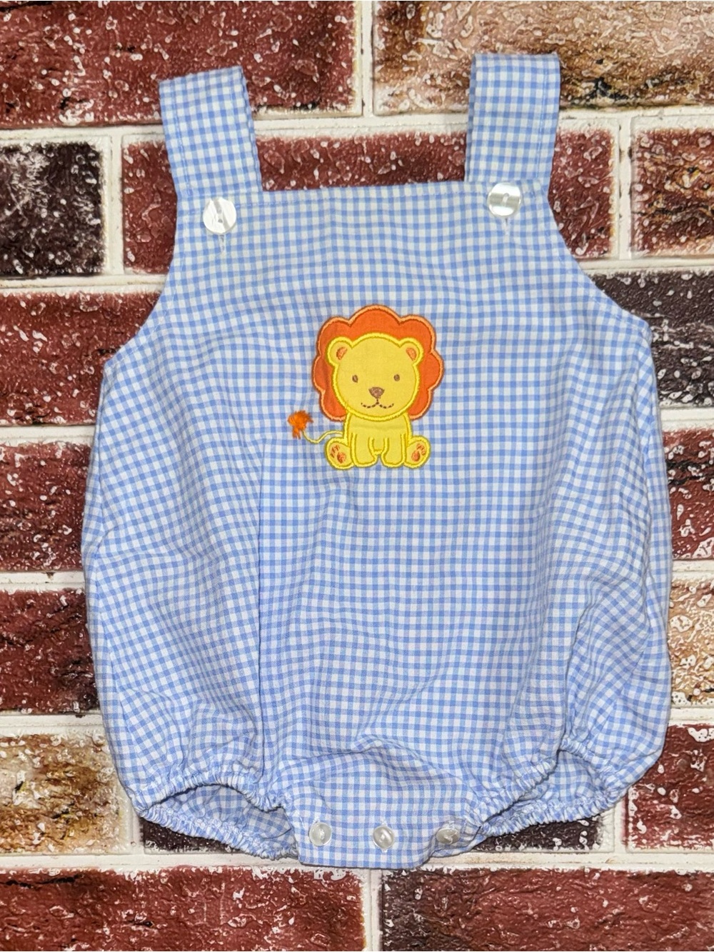Petit Bebe blue gingham Lion bubble romper 6m baby boys boutique